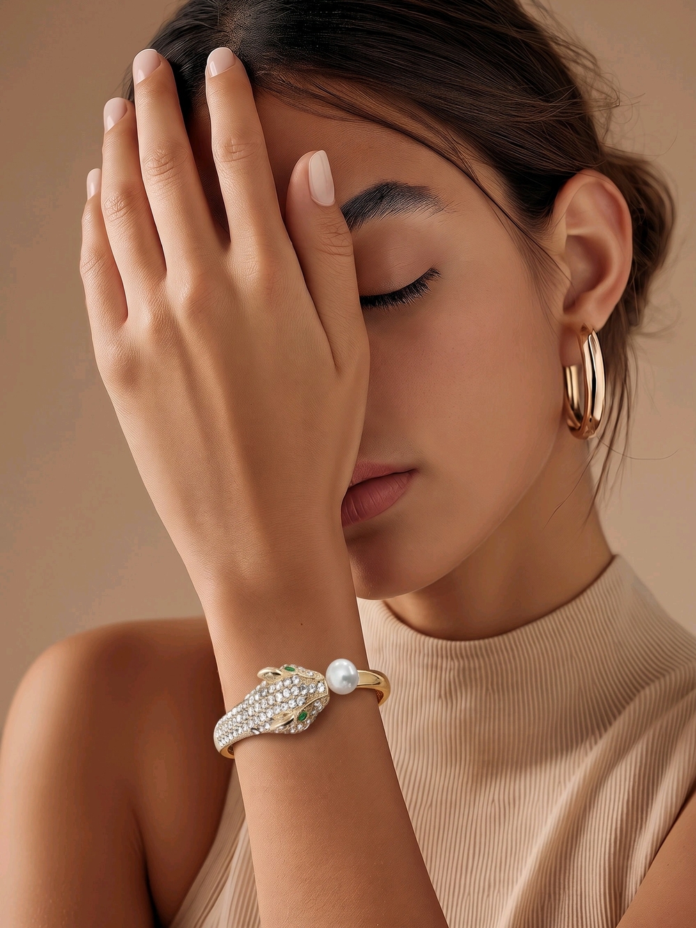 Gold Snake-Accent Pearl Cuff Bracelet - Elegant Women’s Jewelry